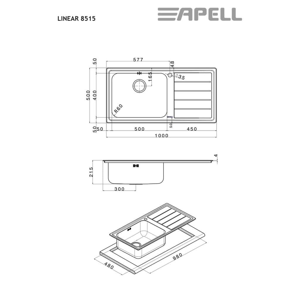 Νεροχύτης Κουζίνας Apell Linear 8515R-110 Ένθετος Ανοξείδωτος Σατινέ Λείος Με Δεξιά Ποδιά 100x50cm Νεροχύτης Κουζίνας Apell Linear 8515R-110 Ένθετος Ανοξείδωτος Σατινέ Λείος Με Δεξιά Ποδιά 100x50cm