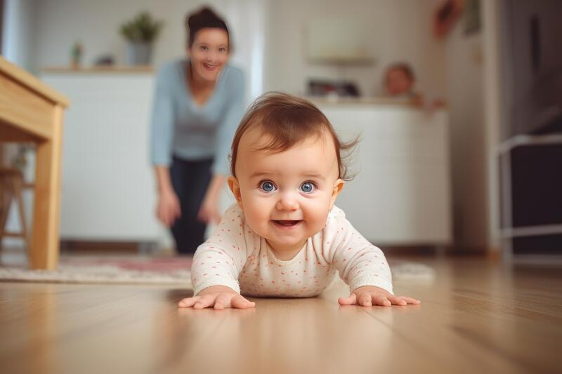 baby girl crawling on the floor and mother playing with her at home